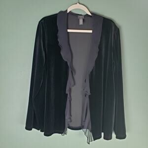 Chico's Travelers Womens Black Ruffle Chiffon Trim Velour Jacket Size 3